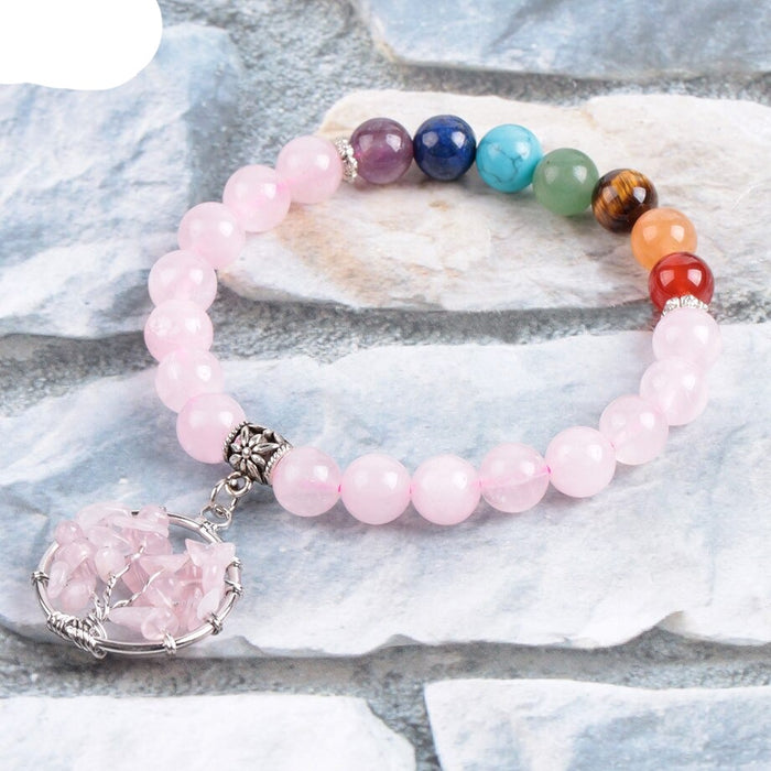 Natural 7 Chakras Rose Quartz Beaded Bracelet with Tree of Life