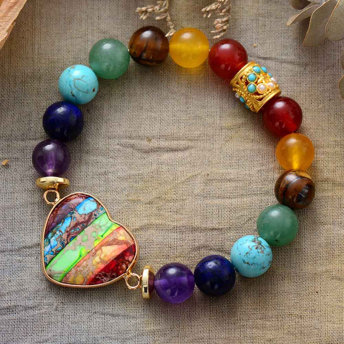 Natural 7 Chakras Stones Heart Bracelet