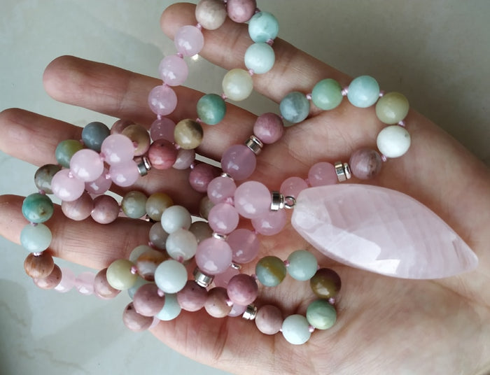 Natural Amazonite & Rose Quartz 108 Beads Mala Necklace