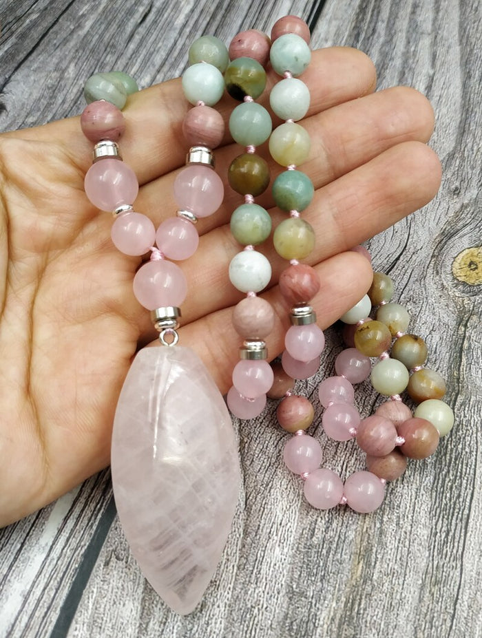 Natural Amazonite & Rose Quartz 108 Beads Mala Necklace
