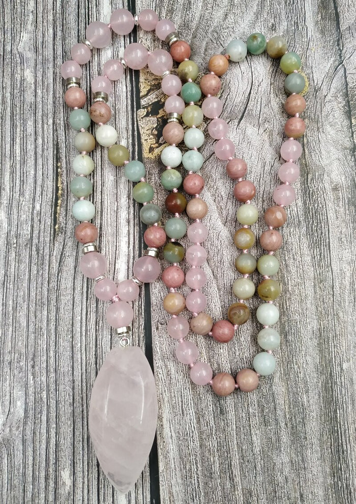 Natural Amazonite & Rose Quartz 108 Beads Mala Necklace