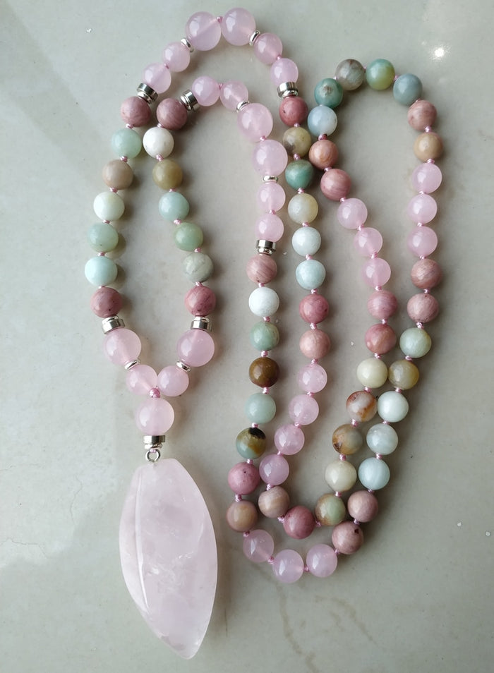 Natural Amazonite & Rose Quartz 108 Beads Mala Necklace