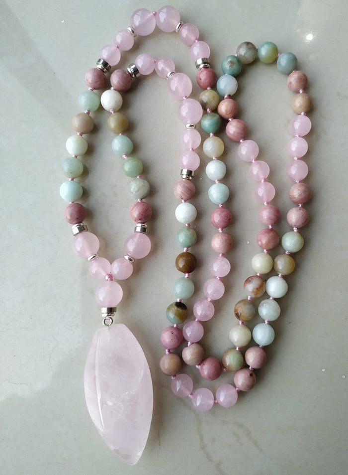 Natural Amazonite & Rose Quartz 108 Beads Mala Necklace