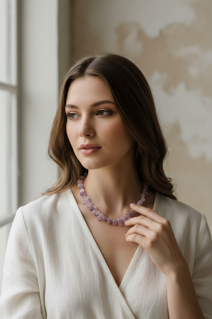 Model wearing amethyst necklace