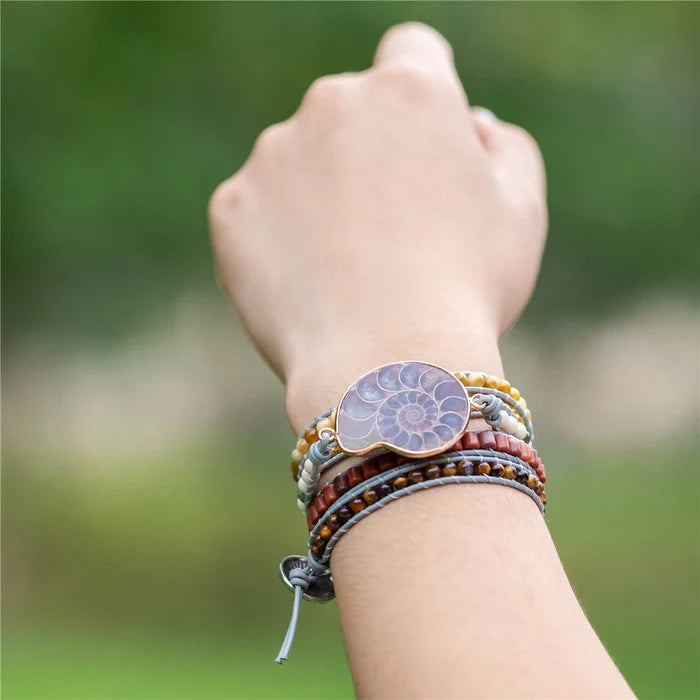 Natural Ammonite, Tiger Eye, Agate & Jasper Vegan Wrap Bracelet
