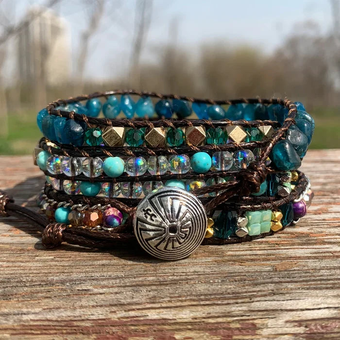 Natural Apatite & Mixed Jasper Hexagonal Charm Vegan Wrap Bracelet