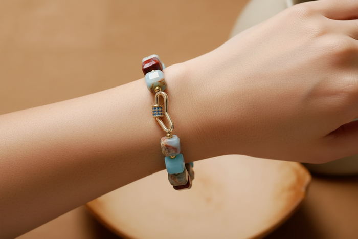 Model wearing beaded bracelet