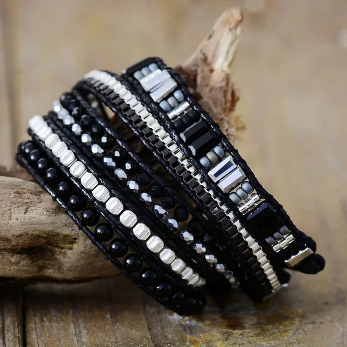 Natural Black Agate Vegan Wrap Bracelet