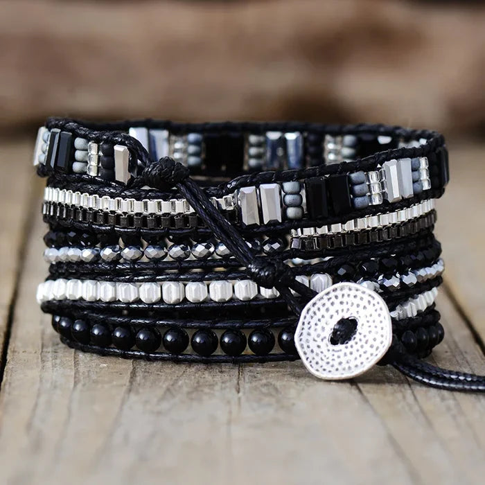 Natural Black Agate Vegan Wrap Bracelet