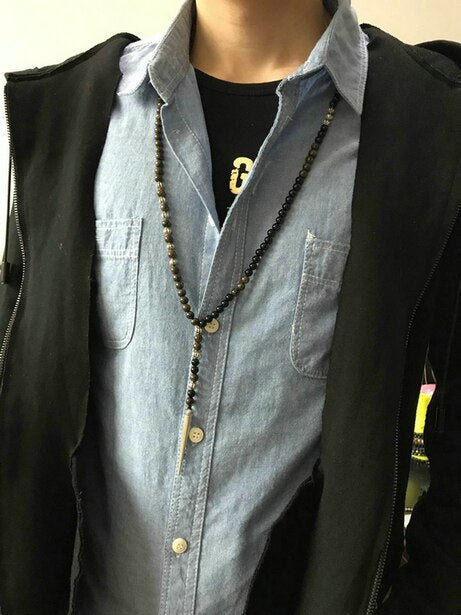 Natural Bronzite & Black Onyx Spike Pendant Necklace