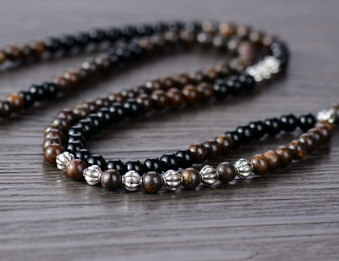 Natural Bronzite & Black Onyx Spike Pendant Necklace