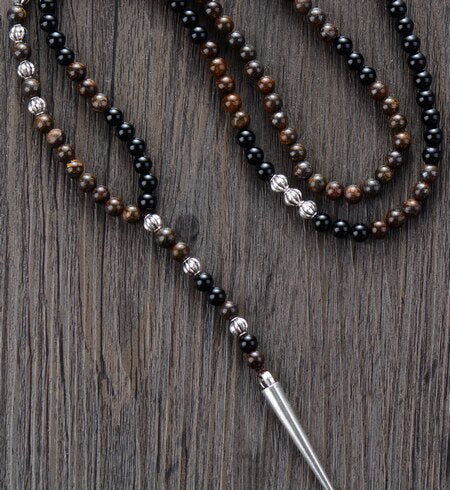 Natural Bronzite & Black Onyx Spike Pendant Necklace