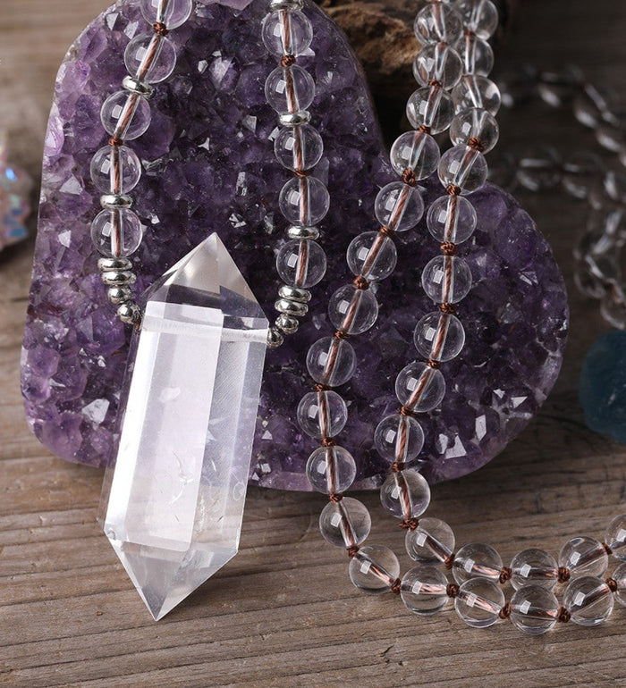 Natural Clear Quartz Beaded Necklace with Double Point Quartz Pendant