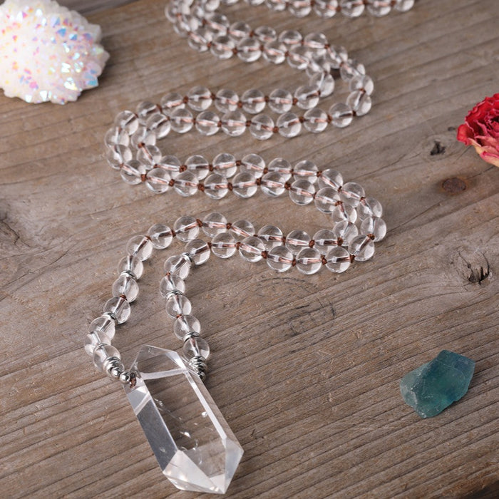 Natural Clear Quartz Beaded Necklace with Double Point Quartz Pendant