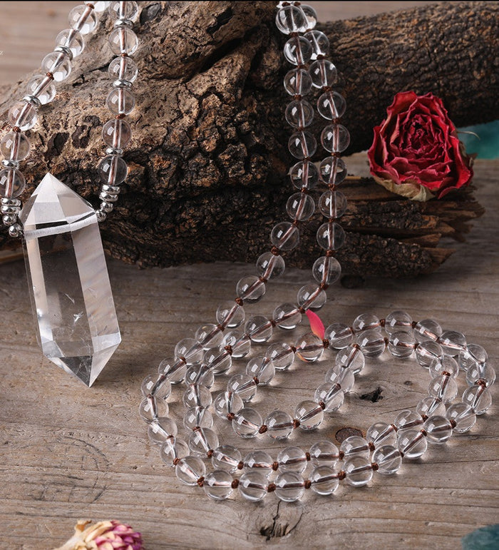 Natural Clear Quartz Beaded Necklace with Double Point Quartz Pendant