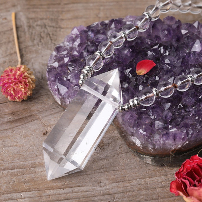 Natural Clear Quartz Beaded Necklace with Double Point Quartz Pendant