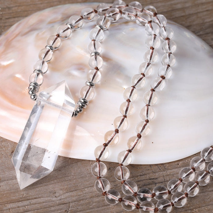 Natural Clear Quartz Beaded Necklace with Double Point Quartz Pendant