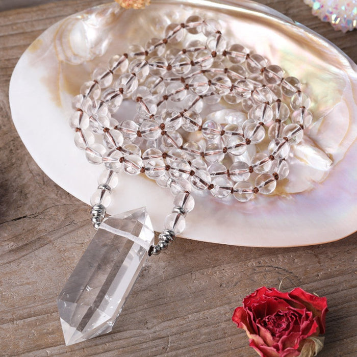 Natural Clear Quartz Beaded Necklace with Double Point Quartz Pendant
