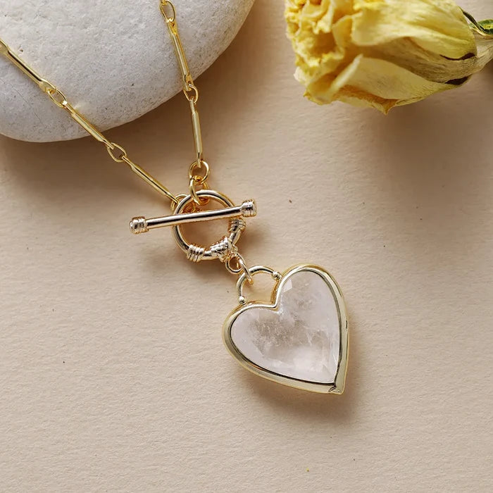 Natural Clear Quartz Heart Pendant Lariat Necklace