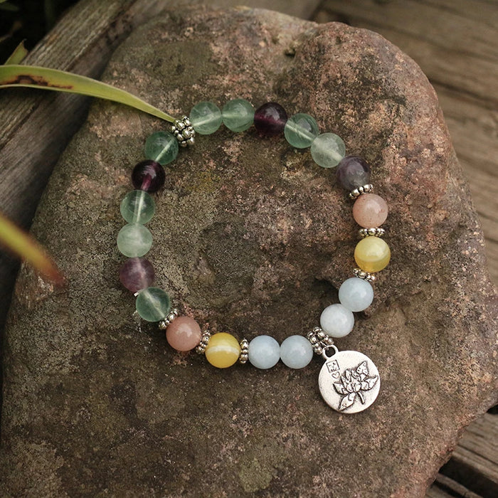Natural Fluorite, Aquamarine and Onyx Tibetan Bracelet