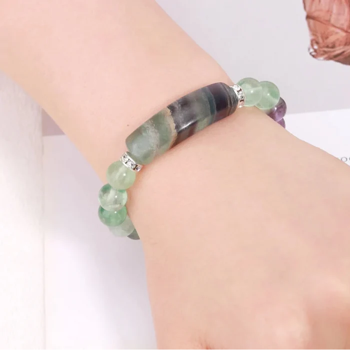 Natural Fluorite Heart Charm Beaded Bracelet