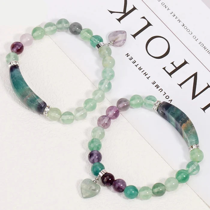 Natural Fluorite Heart Charm Beaded Bracelet