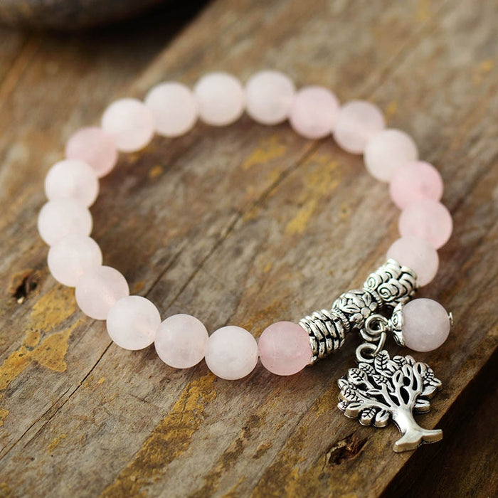 Natural Frosted Rose Quartz Tree of Life Beaded Bracelet