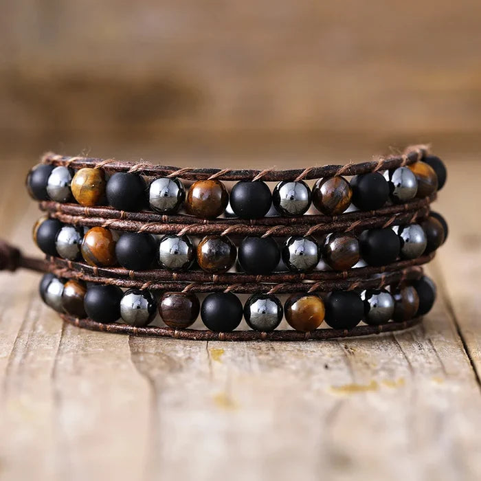 Natural Hematite Black Onyx & Tiger's Eye Leather Wrap Bracelet