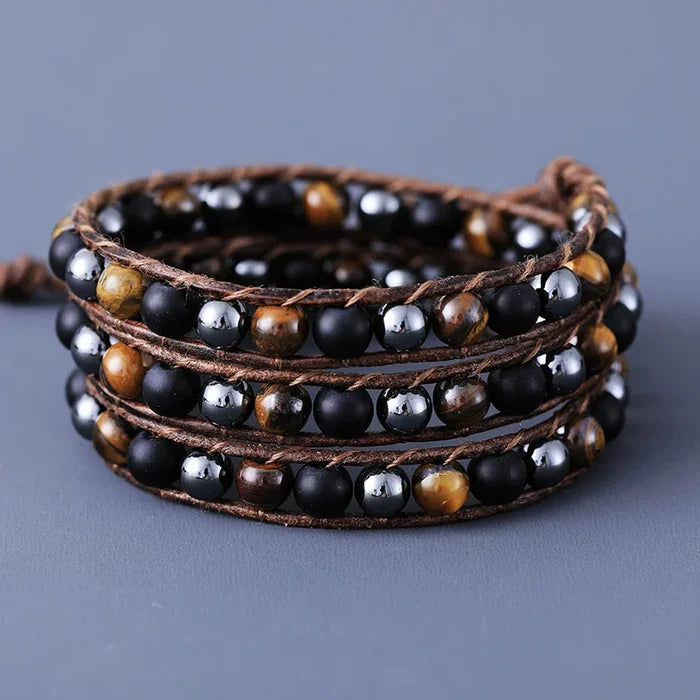 Natural Hematite Black Onyx & Tiger's Eye Leather Wrap Bracelet