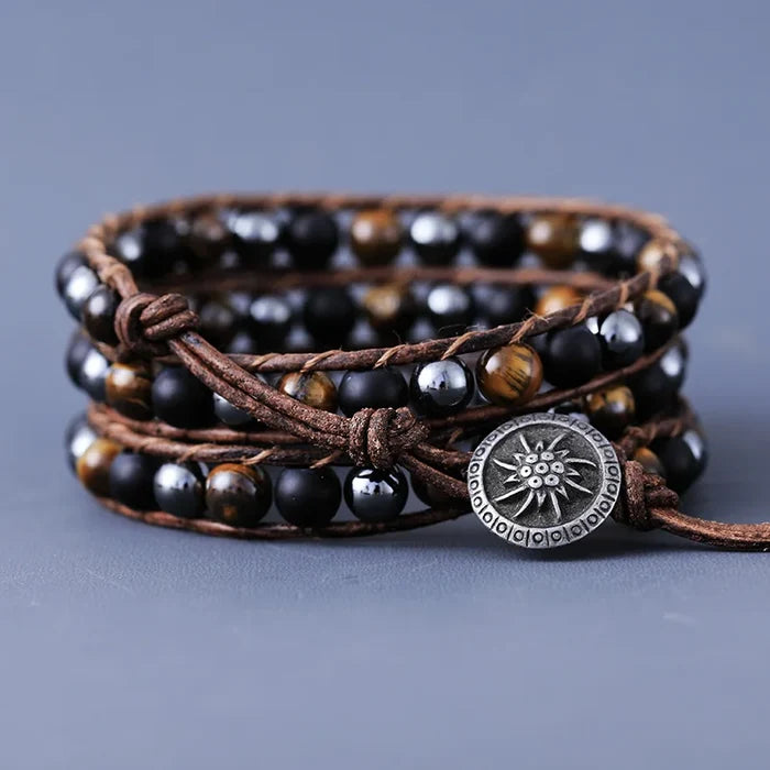Natural Hematite Black Onyx & Tiger's Eye Leather Wrap Bracelet