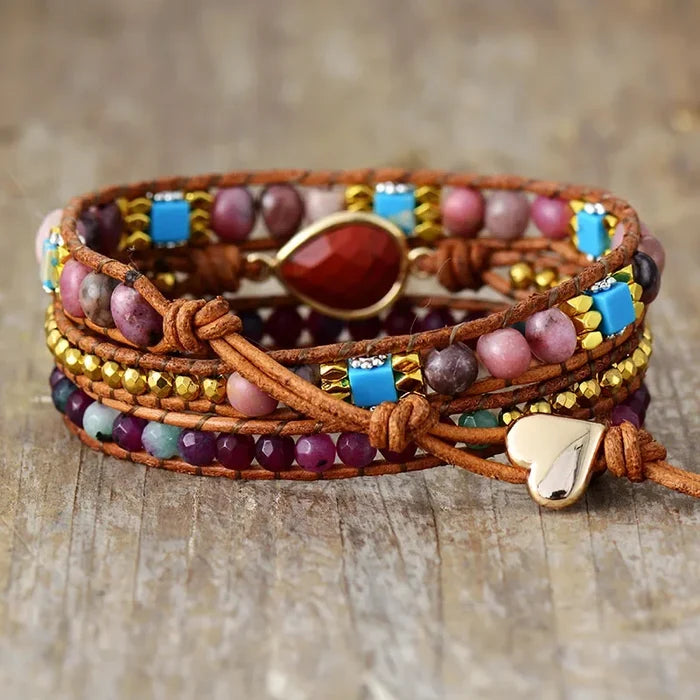 Natural Jasper, Jade, Bloodstone & Rhodonite Leather Wrap Bracelet