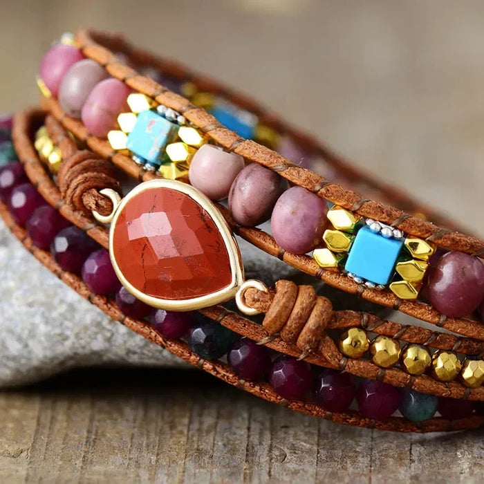 Natural Jasper, Jade, Bloodstone & Rhodonite Leather Wrap Bracelet