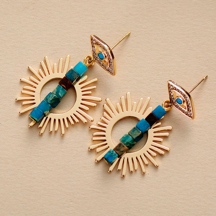 Natural Jasper Sunburst Evil Eye Earrings