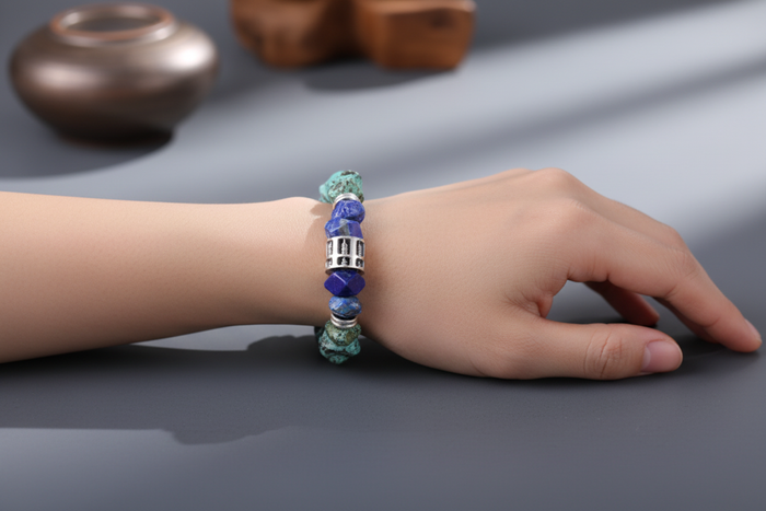 Model wearing gemstone bracelet