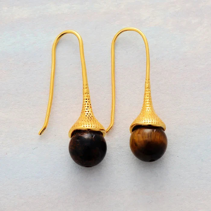 Natural Lapis Lazuli Amazonite Tiger's Eye Gold Plated Earrings