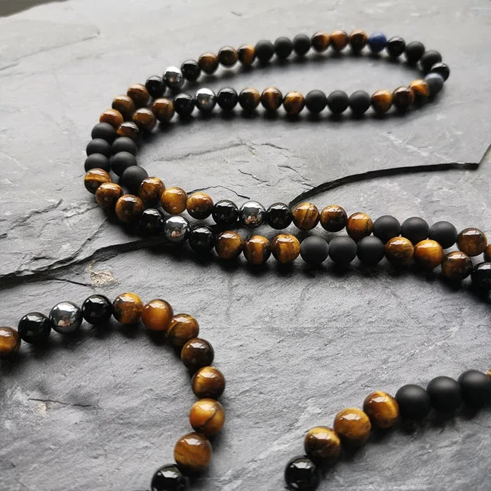 Natural Lapis Lazuli,Tiger's Eye, Onyx & Terahertz 108 Beads Mala Necklace / Bracelet