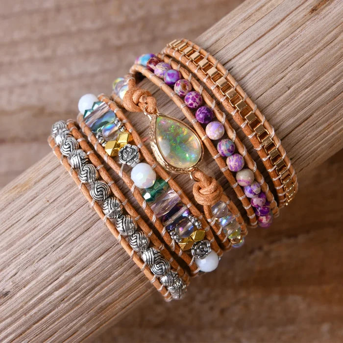 Natural Opal & Imperial Jasper Leather Wrap Bracelet
