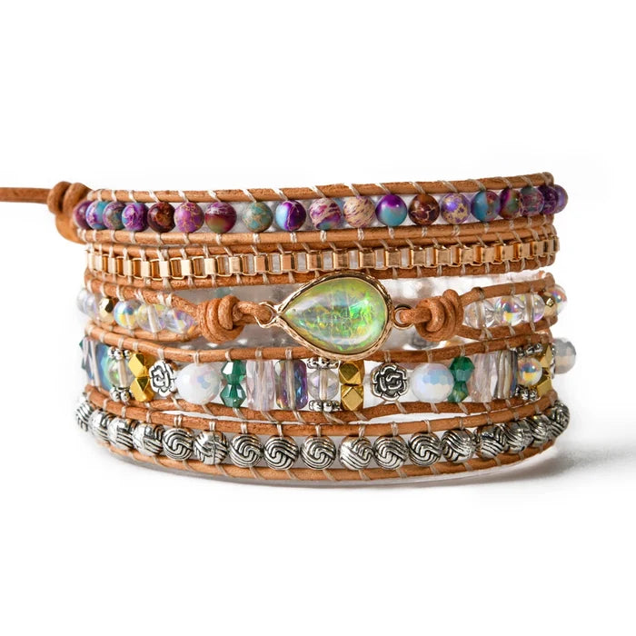 Natural Opal & Imperial Jasper Leather Wrap Bracelet