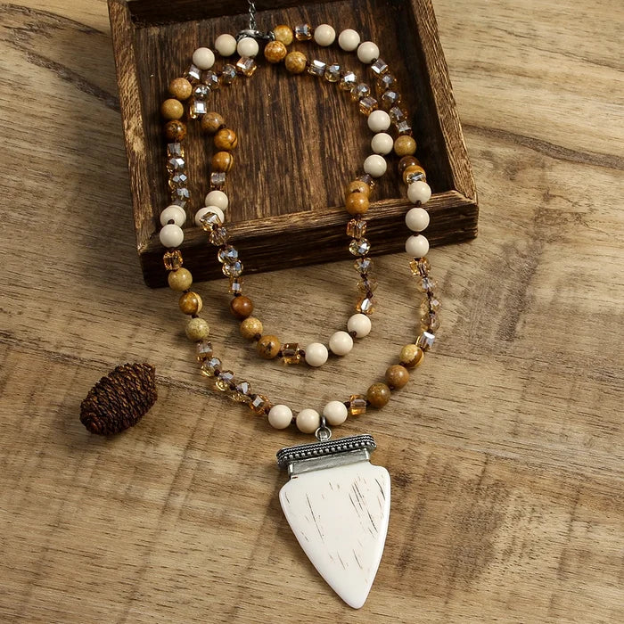 Natural Picture Jasper & Fossil Stone Arrowhead Pendant Necklace