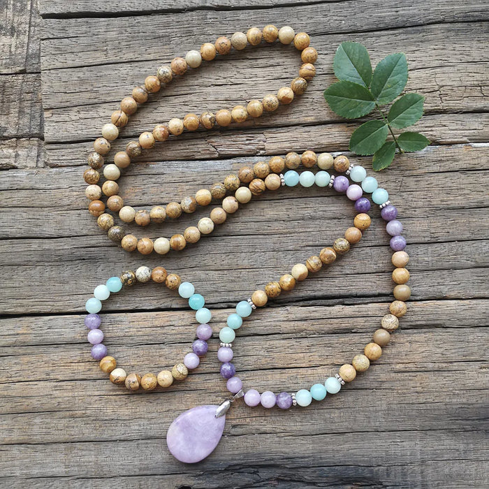 Natural Picture Jasper,Amazonite & Lepidolite 108 Beads Mala