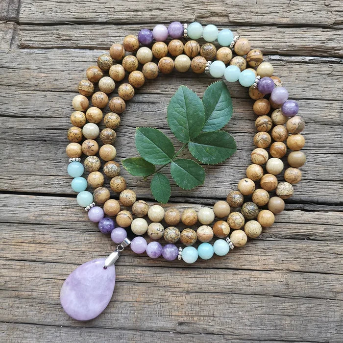 Natural Picture Jasper,Amazonite & Lepidolite 108 Beads Mala