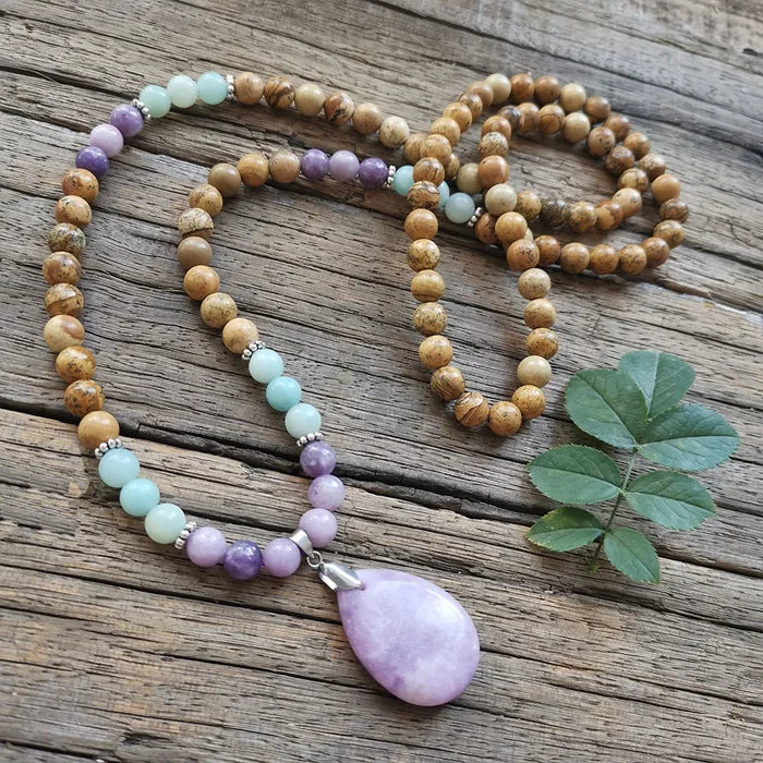 Natural Picture Jasper,Amazonite & Lepidolite 108 Beads Mala