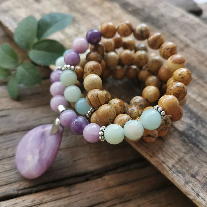 Natural Picture Jasper,Amazonite & Lepidolite 108 Beads Mala