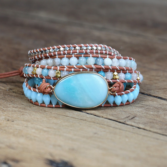Natural Quartz & Amazonite Leather Wrap Bracelet