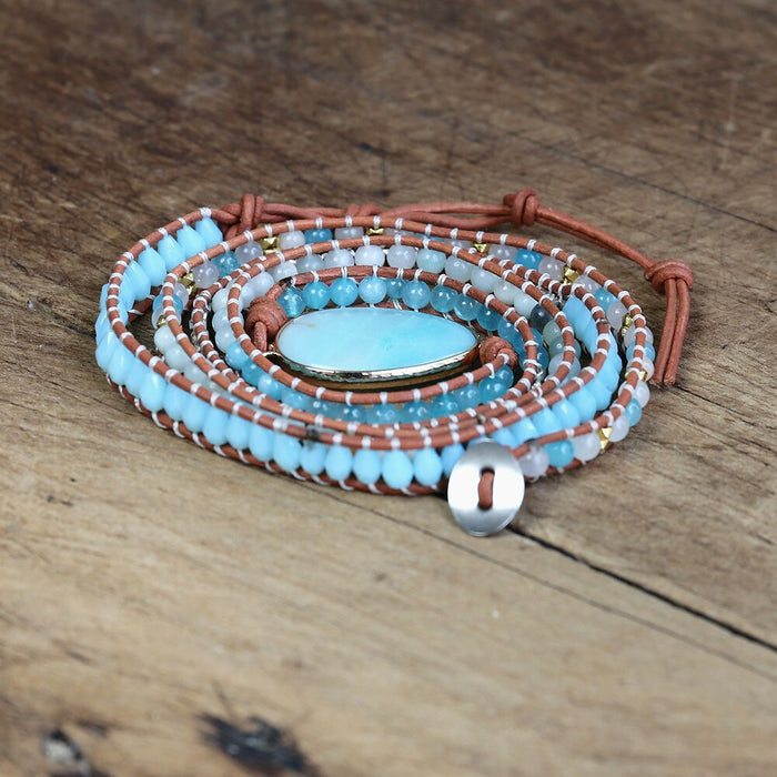 Natural Quartz & Amazonite Leather Wrap Bracelet