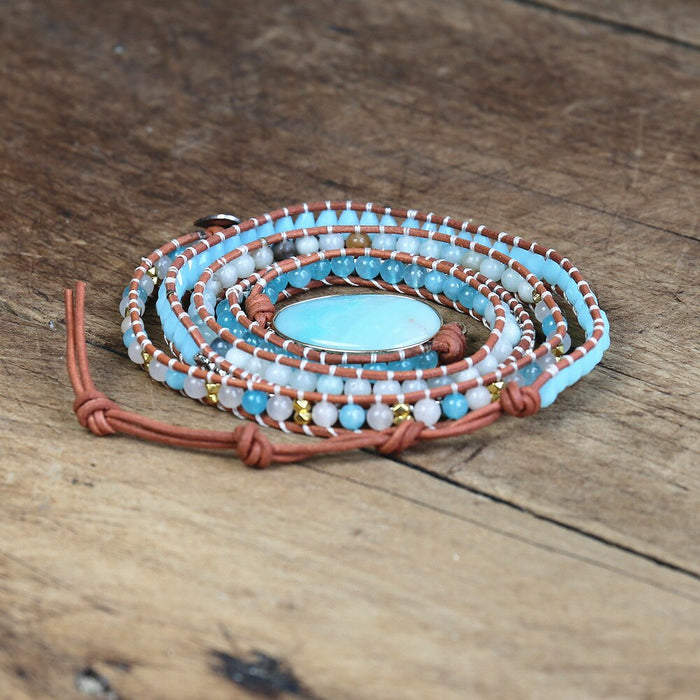 Natural Quartz & Amazonite Leather Wrap Bracelet