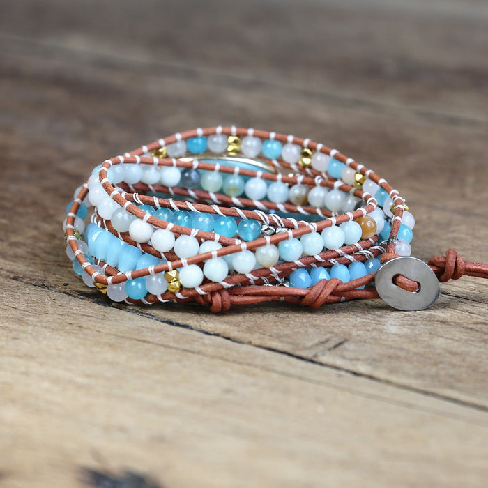 Natural Quartz & Amazonite Leather Wrap Bracelet
