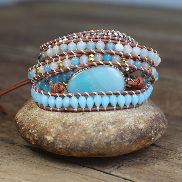 Natural Quartz & Amazonite Leather Wrap Bracelet