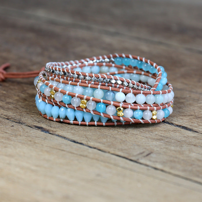 Natural Quartz & Amazonite Leather Wrap Bracelet