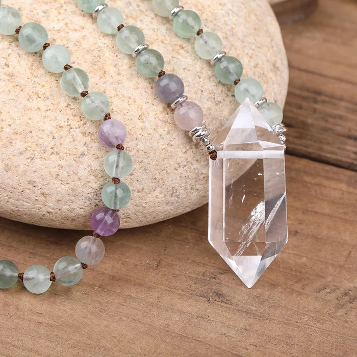 Natural Rainbow Fluorite & Clear Quartz Double Point Pendant Necklace